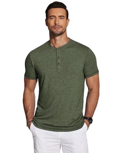 COOFANDY Men's Henley Short Sleeve Shirts Casual Button Henley Basic Tee Solid Fashion Shirts Dark Green - Image 8