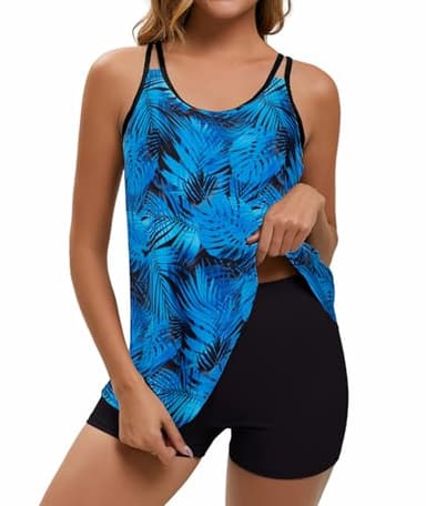 Arolina Women's Tankini Swimsuits Scoop Neck Adjustable Straps Bathing Suit Fashionable Beach Tankini Sets Blue Leaves Large - Image 2