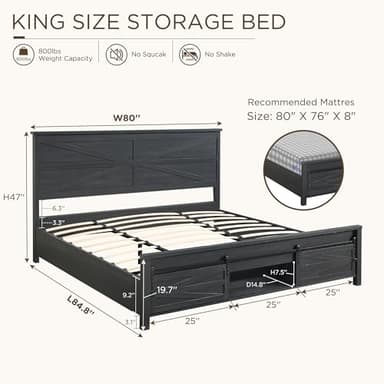 JXQTLINGMU Farmhouse Wood Bed Frame King Size with Sliding Barn Door Storage Cabinets and Headboard, Solid Wood Slats Support, Noiseless, No Box Spring Needed, Black - Image 2