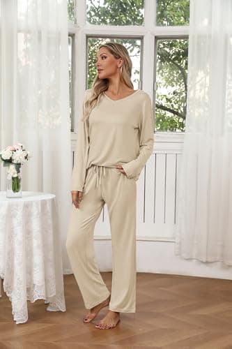 Ekouaer Womens 2 Pack Pajama Set Long Sleeve Pajamas Top and Pants V Neck Pjs Set Soft Loungewear with Pockets - Image 3