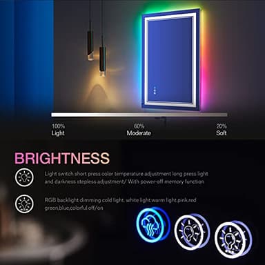 ISTRIPMF 24x36 inch RGB LED Bathroom Mirror with Lights, Colorful Changing Lighted Mirror, Shatterproof Dimmable Anti-Fog LED Vanity Mirror for Bathroom (RGB Backlit + Front-Lit) - Image 4