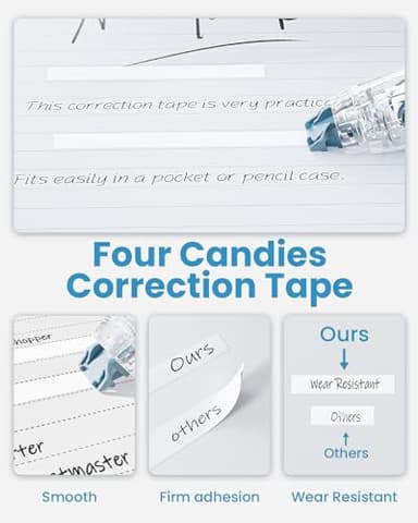 Four Candies Refillable Retractable White Correction Tape, 2PCS White Cute Smooth Push Pull Out Tape with 4 Extra Refills, Aesthetic Pen Shaped Applicator for School Office Supplies (Blue Green) - Image 6