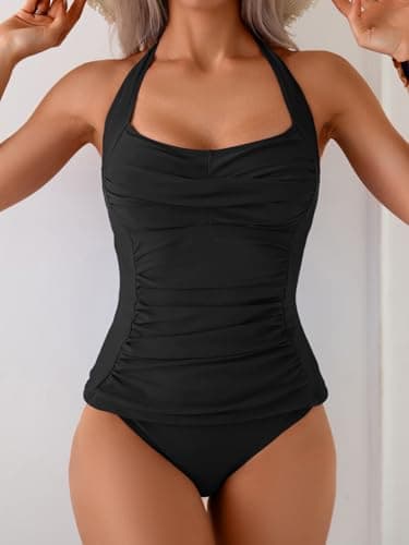 Eomenie Womens Halter Tankini Bathing Suit Ruched Tummy Control Two Piece Swimsuit with Bottom Black - Image 4