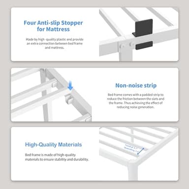 ROIL 14 Inch White Queen Bed Frame with Rounded Corner and Headboard Hole Mattress Retainers 3500LBS Heavy Duty Steel Slats No Box Spring Needed Platform Noise-Free Easy Assembly - Image 4