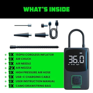 Rhino USA Tire Inflator Portable Air Compressor (150 PSI) Upgraded Air Pump for Car Tires with Digital Pressure Gauge - Best Mini Air Pump for Bike Tires with Dual LCD Screen (Black & Green) - Image 5