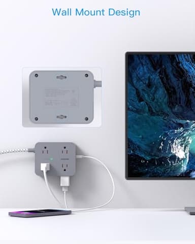 Power Strip with USB C Ports(2 USB C), HANYCONY 8 Outlets Surge Protector with 5 Ft Extension Cord, Flat Plug Wall Mount, Desk Charging Station for Home Office, ETL Listed Gray - Image 6