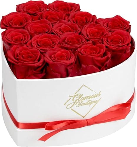 GLAMOUR BOUTIQUE Preserved Roses in a Box - Gifts for Her, Wife & Mom, Rose Flowers Forever Decor for Birthday Gift, Get Well Flower Bouquet Cased in White Box with Cover - Red - 16-Piece - Image 1