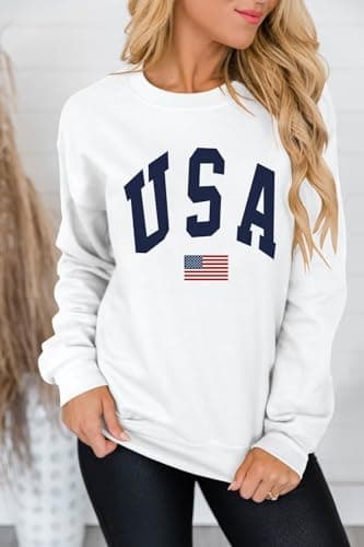 Dressmine Womens Usa American Flag Shirts Crewneck Sweatshirt Long Sleeve Graphic Tee 4Th Of July Patriotic Shirt White 02 Large - Image 2