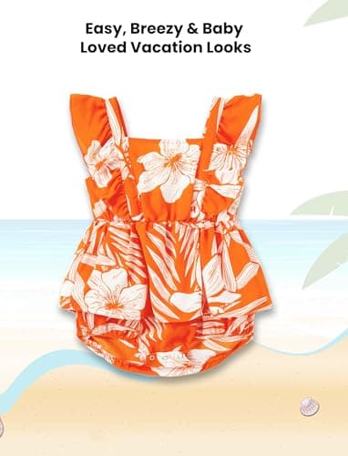 PATPAT Family Hawaiian Matching Outfits with Baby Mommy and Me Beach Dresses Tropical Floral Palm Leaf Print Halter Neck Hawaiian Sundress Boho Vacation Orange Romper Dress for Baby Girl 9-12 Months - Image 4