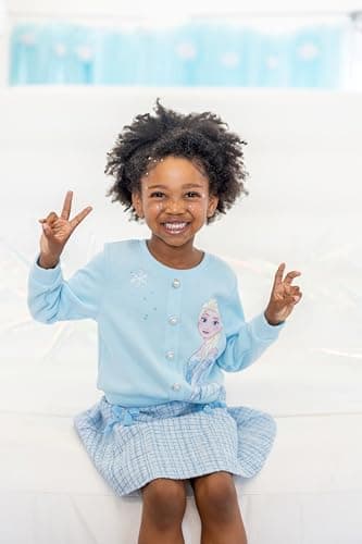Disney Frozen Elsa Toddler Girl 2 Piece Outfit Blue Long Sleeve Snowflake Print Pearl Button Knit Top & Tweed Skirt Set Birthday Elegant Dress 5-6Y - Image 4