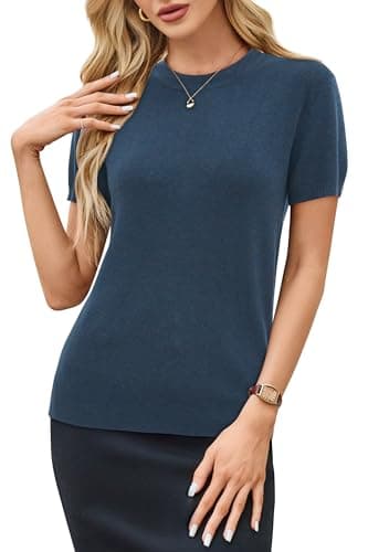 Arach&Cloz Womens Summer Tops 2024 Short Sleeve Pullover Sweaters Crew Neck Business Casual Tops Trendy(Dark Blue,S) - Image 2