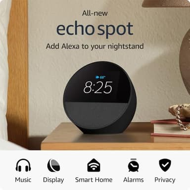 Like-New Amazon Echo Spot (newest model), Great for nightstands, offices and kitchens, Smart alarm clock with Alexa, Black - Image 7