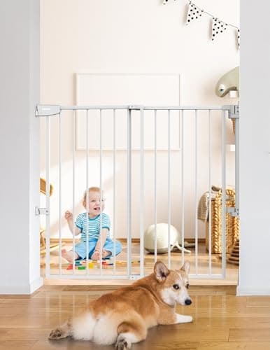 Babelio 34" Tall No Bottom Bar Baby/Dog Gate for Stairs, House and Doorways, 29.7-46.5" Auto Close Safety Pet Gates with Large Walk Thru Door, Hardware Mount, White - Image 1