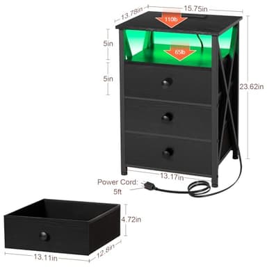 AMHANCIBLE Night Stand Set 2, LED Nightstand with Charging Station, End Side Tables with USB Port & Outlet, Bedside Table with Fabric Drawers for Bedroom Living Room, Black, HET053LBK - Image 3
