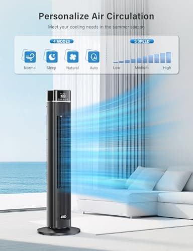 JRD Tower Fan, 90° Oscillating Fans with Remote, 40'' Quiet Cooling Fan with 3 Speeds,4 Modes,12H Timer, LED Display, 27ft/s Velocity, Bladeless Standing Fan Floor Fan for Bedroom Home Office Indoor - Image 2