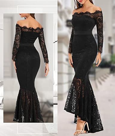 LALAGEN Women's Floral Lace Long Sleeve Off Shoulder Wedding Mermaid Dress Black XL - Image 4