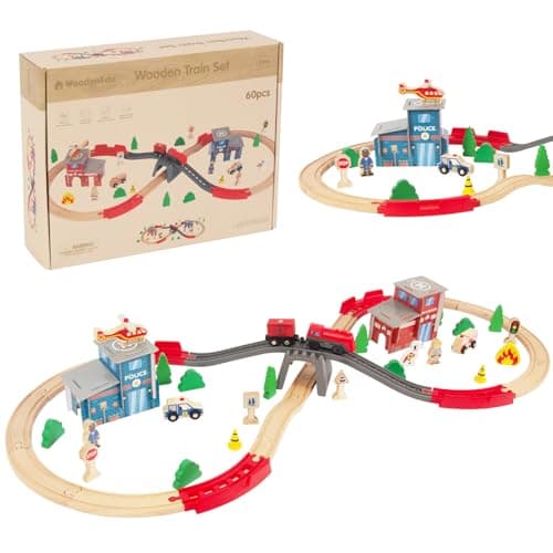 WoodenEdu Wooden Train Set for Toddler - 60 Pcs- with Wooden Tracks fits Thomas, fits Brio, fits Chuggington, fits Melissa and Doug - Expandable, Changeable-Train Toy for 3 4 5 Years Old Girls & Boys - Image 1