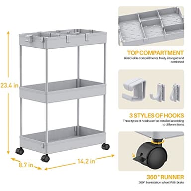 SPACELEAD 3 Tier Rolling Cart with Wheels, Storage Craft Art Trolley Organizer Serving, 3 Hanging Baskets Easy Assembly, for Office, Living Room, Kitchen, Gray - Image 3