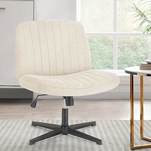 Sweetcrispy Criss Cross Chair Legged, Armless Office Wide Desk Chair No Wheels, Swivel Vanity Height Adjustable Fabric Modern Computer Task Seating for Home - Pearl White - Image 1