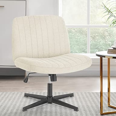 Sweetcrispy Criss Cross Chair Legged, Armless Office Wide Desk Chair No Wheels, Swivel Vanity Height Adjustable Fabric Modern Computer Task Seating for Home - Pearl White - Image 1