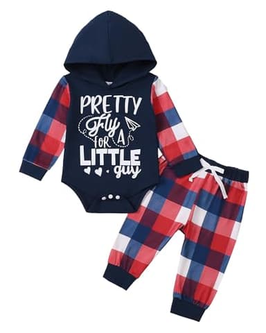 NZRVAWS 0-3 Months Newborn Baby Boy Clothes Infant Long Sleeve Letter Print Deep Blue Plaid Hoodie Sweatshirt+Pants 2PC Outfit Set - Image 1