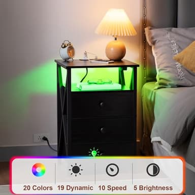 AMHANCIBLE Night Stand Set 2, LED Nightstand with Charging Station, End Side Tables with USB Port & Outlet, Bedside Table with Fabric Drawers for Bedroom Living Room, Black, HET053LBK - Image 9