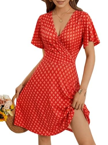 FENSACE Vacation Outfits for Women Summer Sun Resort Boho Dress for Women(Red Floral-64,Small) - Image 1