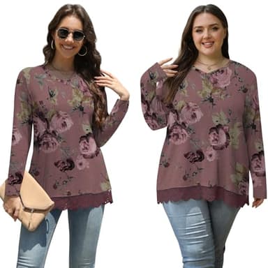 Netsmile Women's Plus Size Tops Fall Long Sleeve Tunics Loose Dressy Casual Shirts Lace Hem Sweatshirt for Leggings, 2XL, Bean-Rose Red - Image 4