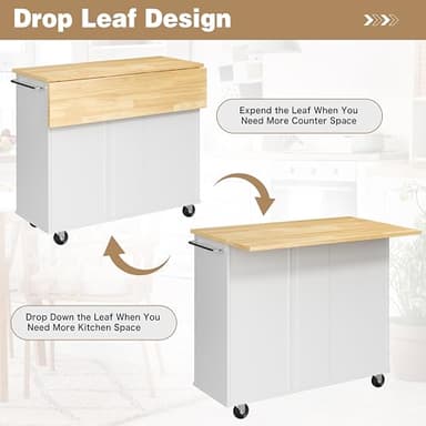 Shintenchi Kitchen Island with Folding Drop Leaf, Rolling Island Table with Storage, Kitchen Cabinet on Wheels with Seating Area for Kitchen, Bar Cart with Cabinet, White - Image 3