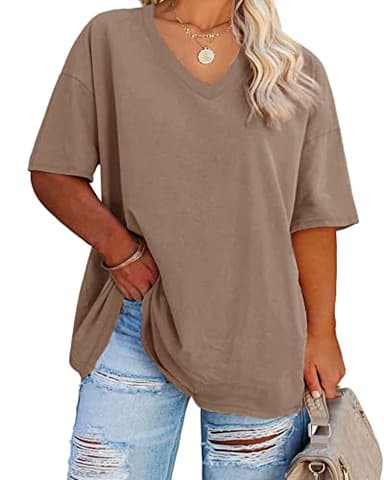 Women's Plus Size V Neck T Shirts Summer Half Sleeve Tees Casual Loose Fit Cotton Tunic Tops Khaki - Image 1