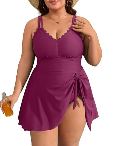 Charmo Plus Size Swimsuit for Women Swim Dress Scalloped One Piece Tummy Control Bathing Suit Ruched Swim Suits 2025 Fuchsia 2X - Image 1