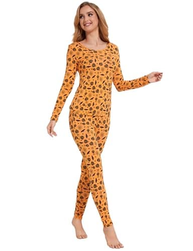 GYS Bamboo Viscose Long Johns Sets Halloween Thermal Underwear for Women Lightweight Base Layer Snug fit Pajamas Set, Orange Halloween, Large - Image 4
