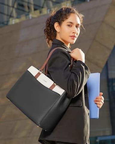 LOVEVOOK Laptop Tote Bag for Women, Work Bags Teacher Tote Bag, Waterproof Leather Computer Bag, Business Laptop Purse Office Handbag Professional Briefcase, 17 Inch, Black-Beige-Brown - Image 9