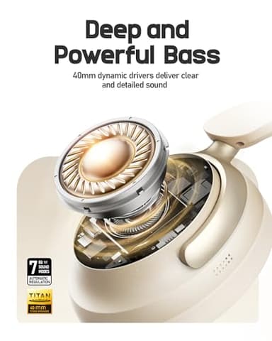 Picun NC60 Hybrid Active Noise Cancelling Headphones, Foldable Wireless Over Ear Bluetooth 5.4 Headphones, 80H Playtime, Transparency Mode, Stereo Bass, Custom EQ via App for Travel Home Khaki White - Image 4