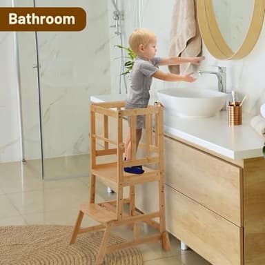 COSYLAND Toddler Standing Tower - Adjustable Height Toddler Kitchen Stool Helper - Kids Kitchen Step Stool for Learning with Removable Safety Railing Natural - Image 7