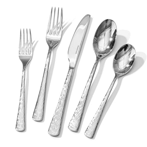 KINGSTONE Hammered Silverware Set, Flatware Set, 18/10 Stainless Steel Premium Cutlery with Unique Ripple Handles Design Mirror Polished - Dishwasher Safe (40-Piece) - Image 1