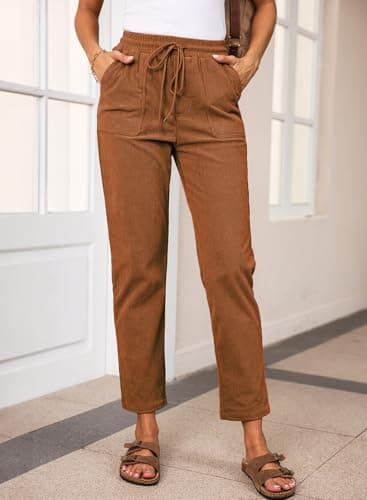 EVALESS Corduroy Pants for Women Casual Drawstring Elastic High Waist Straight Leg Harem Pants Fall Winter 2025 Loose Comfy Trousers with Pockets Orange Medium - Image 2