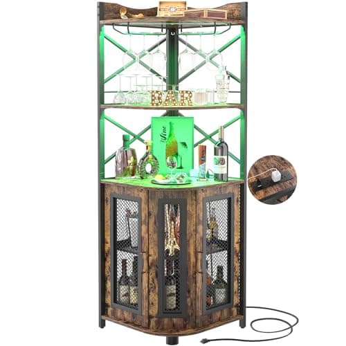 Aheaplus Corner Bar Cabinet with Power Outlet, Industrial Wine Cabinet with LED Strip and Glass Holder, 5-Tiers Liquor Cabinet Bar Unit for Home, Corner Display Cabinet for Small Space, Rustic Brown - Image 1