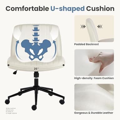 DUMOS Criss Cross Chair with Wheels, Legged Office Armless Wide Desk Seat Dual-Purpose Base, Adjustable Swivel Leather Task Vanity Home Office Desk Seating, Cream - Image 4