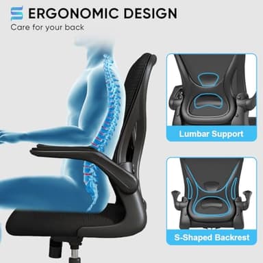 Sytas Ergonomic Desk Chair with Padded Flip up Arms and Supportive Lumbar Support, Breathable Mesh Home Office Chair with Comfortable Cushion for Home or Office(Black) - Image 3