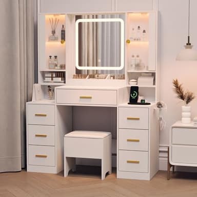 BORNOON Makeup Vanity with LED Light Strip Mirror and Chair, 7 Drawers & 2 RGB Cabinets White Vanity Makeup Desk with Power Strip, Adjustable LED Lighting, and Cushioned Stool for Women, Girls, Teens - Image 5