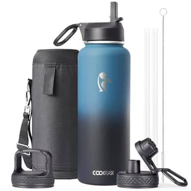 Water Bottle 40 oz Insulated with Straw, Coolflask Stainless Steel Metal 3 Lids Water Flask for Sports or Office, Keep Cold 48H Hot 24H, Samurai Cyan - Image 1