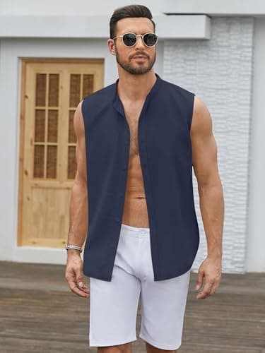 hawalili Men's Button Down Sleeveless Shirts Summer Beach Tank Tops Casual Textured Tank T-Shirt Navy Blue - Image 3