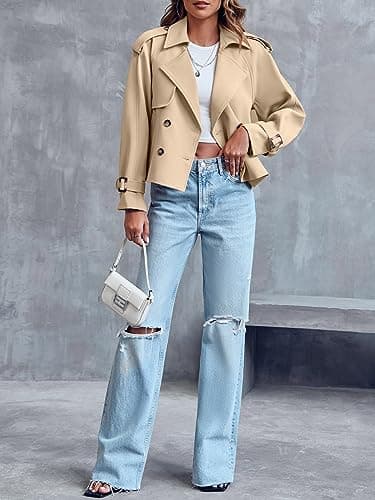 Saodimallsu Women Crop Double Breasted Trench Coat Raglan Sleeve Work Office Cropped Jacket With Pockets - Image 4