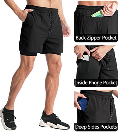 Aolesy Men’s 2 in 1 Running Shorts 5 Inch Workout Gym Athletic Shorts for Men Quick Dry Lightweight Training Shorts with Pockets Black - Image 2