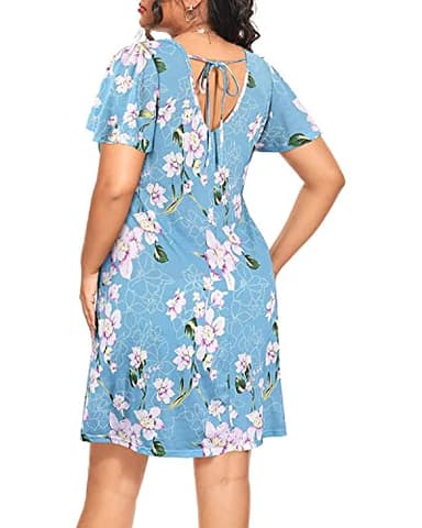 Pinup Fashion Plus Size Dress Women Hawaiian Tshirt Blue Floral Pockets Casual Summer Swing Beach Sundresses Short Sleeve Tie Back - Image 2