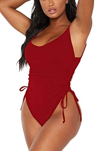 Viottiset Women's Ruched Drawstring One Piece Swimsuit High Cut Bathing Suit Red Large - Image 3