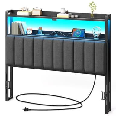 Rolanstar Headboard for Full Size Bed with Storage, 60,000 DIY Color of LED Light, Head Board with USB & Type C Port, Height Adjustable, Black Upholstered Cabeceras de Cama Comfortable Modern, Stable - Image 1