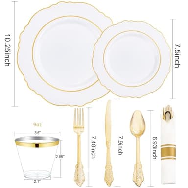 Liacere 350PCS Gold Plastic Plates-Disposable White and Gold Plates 50guest Baroque Plastic Dinnerware include 100Plates, 50Pack Pre Rolled Napkins with Silverware 50Cups for Wedding&Fall Decor - Image 7