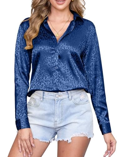 CUNLIN Blue Dress Shirt Women Satin Silk Leopard Long Sleeve Collared Button Down Shirts Womens Blouse Cheetah Tops Blue S - Image 1